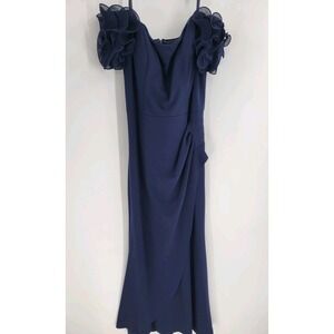 Escape Dress Size 14 Off Shoulder Ruffle Gown Navy Women's Msrp 279.00